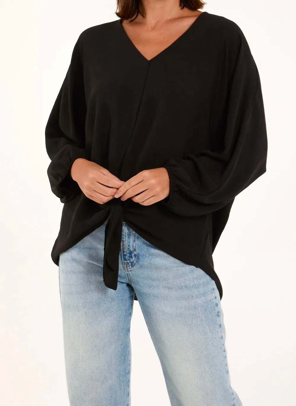 Plain V-Neck Stretchy Tie Front Long Sleeve Blouse (4 Colours)