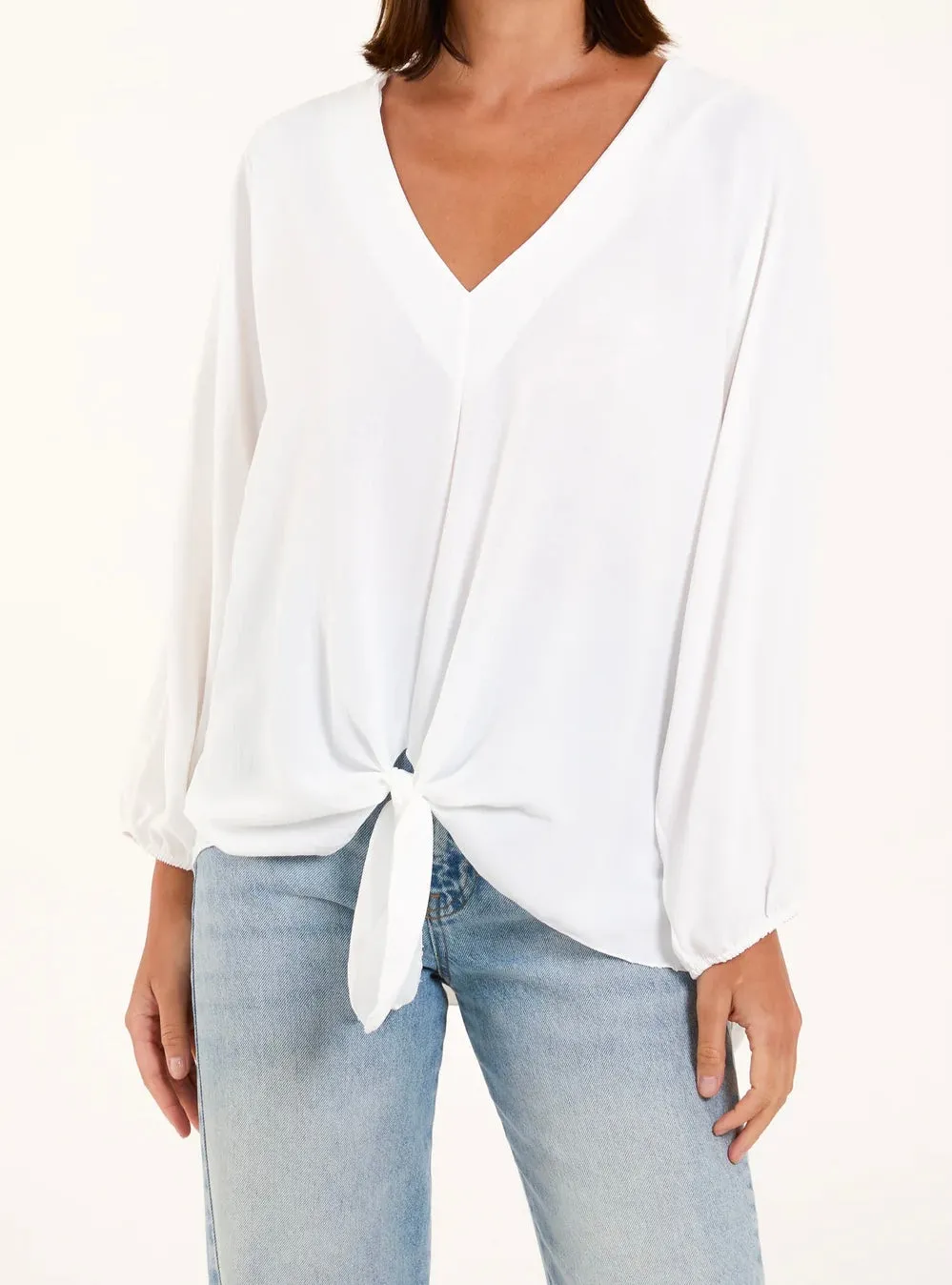 Plain V-Neck Stretchy Tie Front Long Sleeve Blouse (4 Colours)