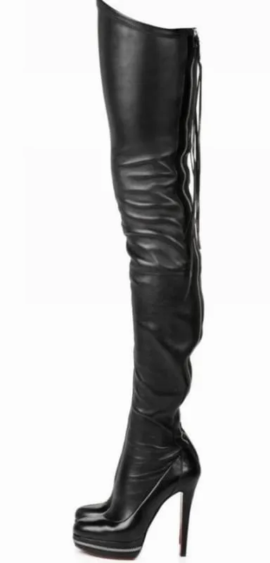 Real Leather Thigh Length Dominatrix Platform Boots in Black