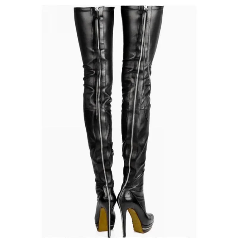 Real Leather Thigh Length Dominatrix Platform Boots in Black