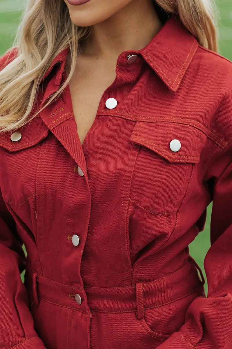 Red Long Sleeve Denim Romper - FINAL SALE