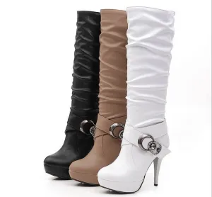 Rhinestone Belt Buckle High Heels Platform Tall Boots for Women 1292