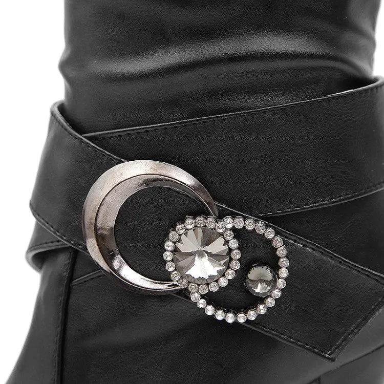 Rhinestone Belt Buckle High Heels Platform Tall Boots for Women 1292