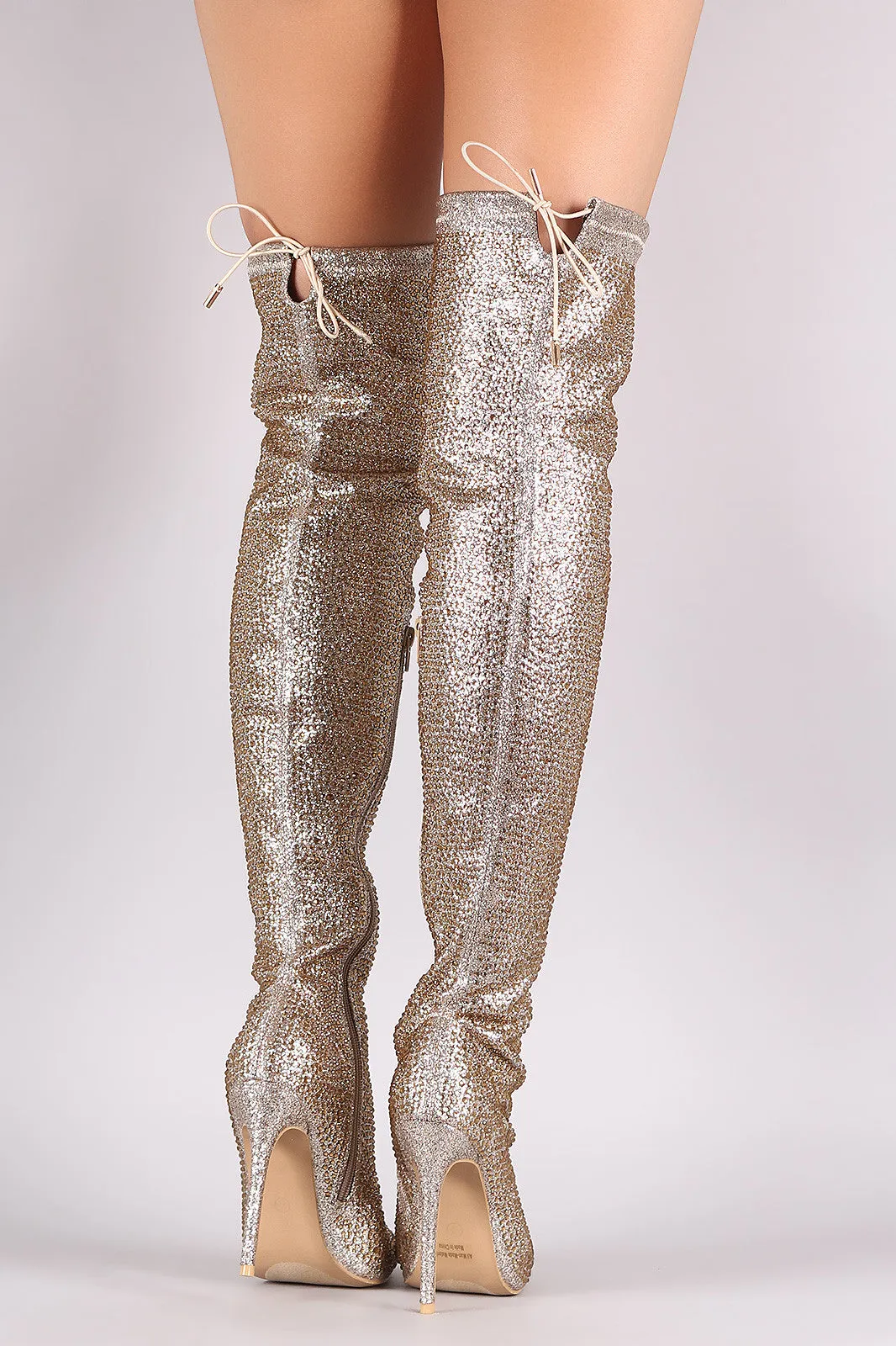 Rhinestone Pointy Toe Drawstring-Tie Stiletto Over-The-Knee Boots