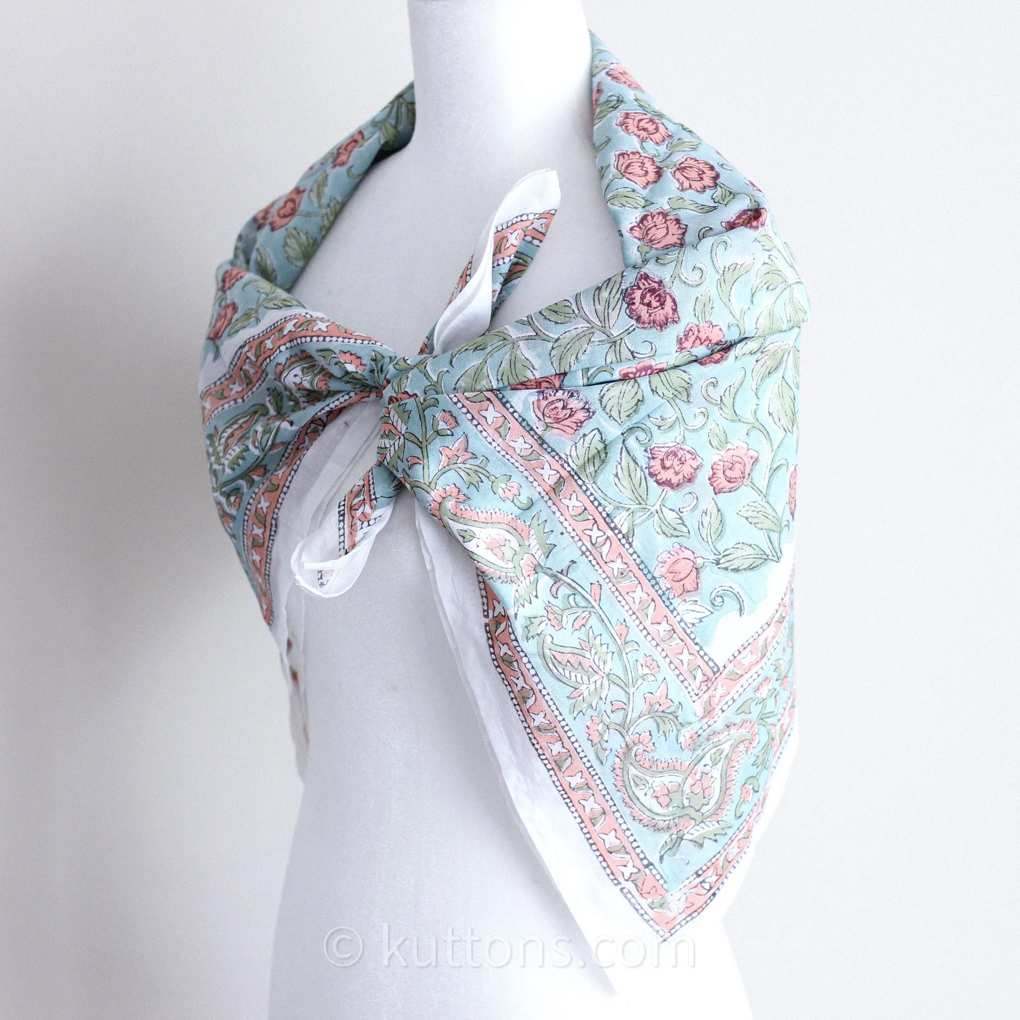 Sanganeri Hand-Block Printed Cotton Bandana - Soft, Lightweight, Airy | Aqua Green, 42x43"