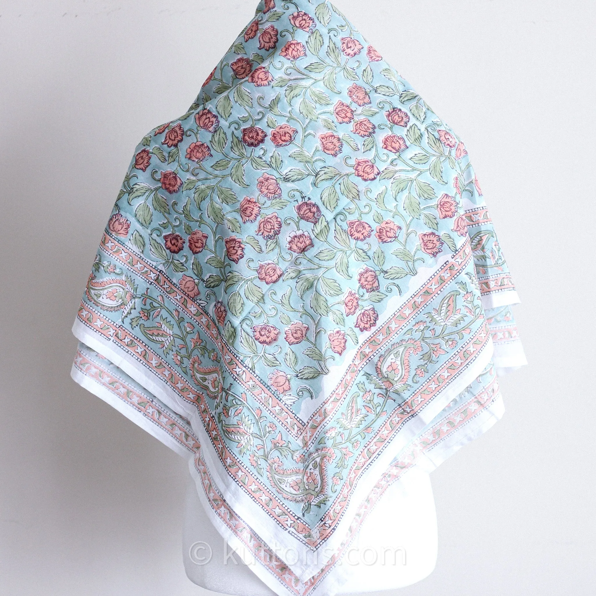 Sanganeri Hand-Block Printed Cotton Bandana - Soft, Lightweight, Airy | Aqua Green, 42x43"