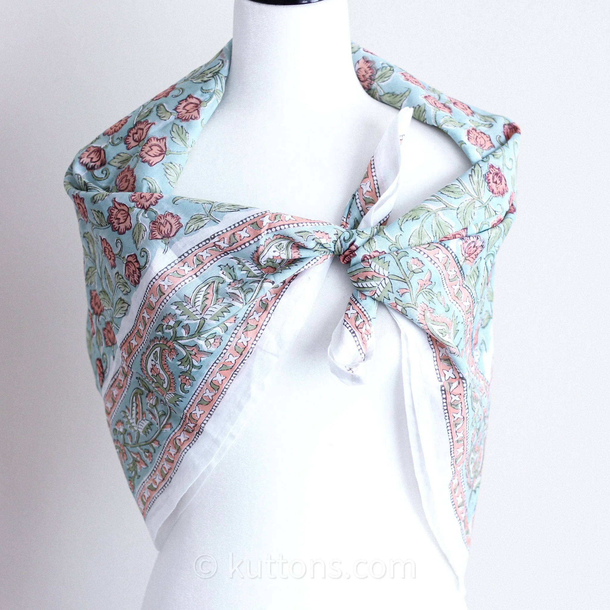 Sanganeri Hand-Block Printed Cotton Bandana - Soft, Lightweight, Airy | Aqua Green, 42x43"