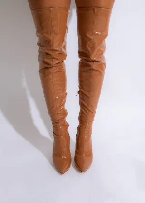 Savage Latex Knee High Boots Brown