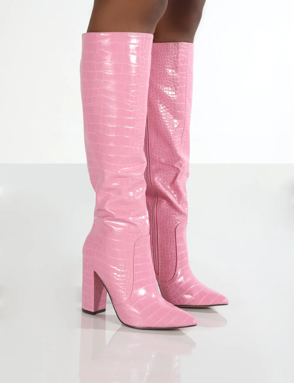 Scarlet Pink Croc Knee High Boots