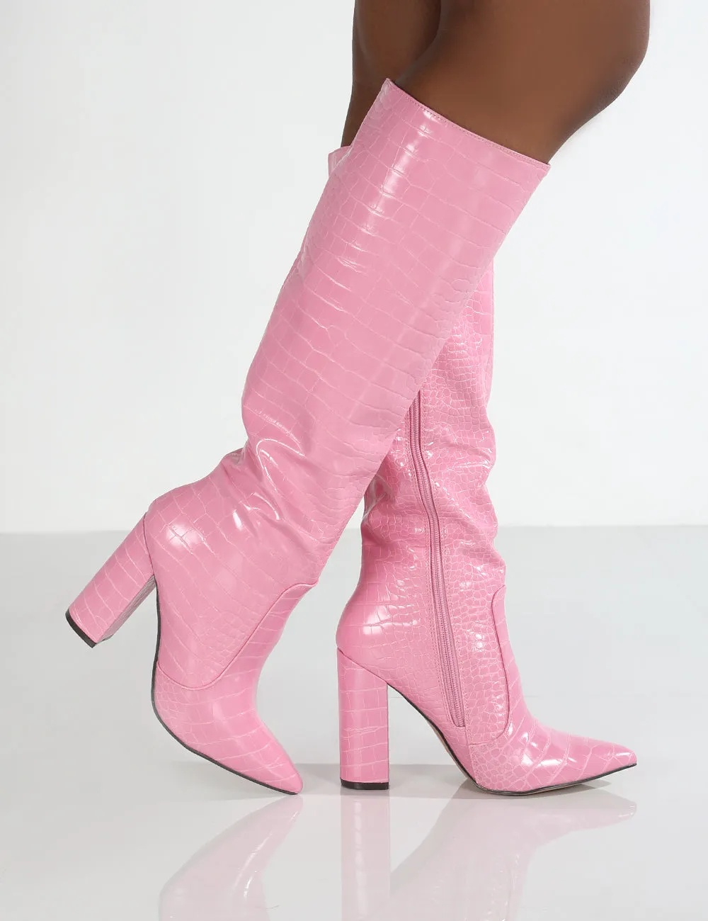 Scarlet Pink Croc Knee High Boots