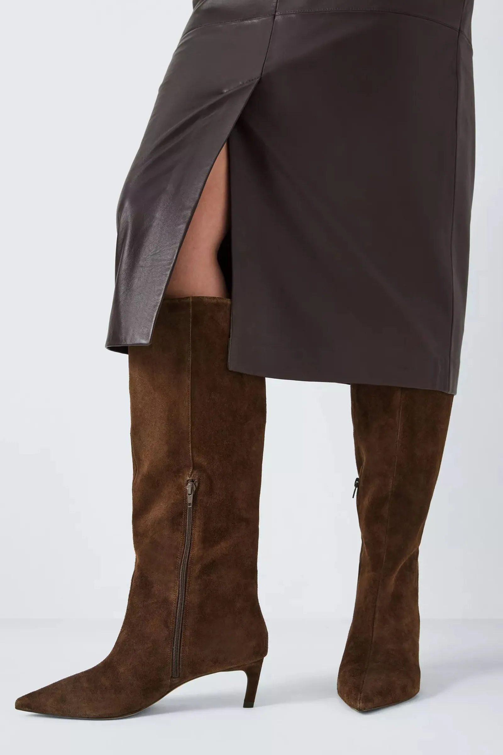 Scarlette Suede Kitten Heel Pull On Knee Boots, Chocolate