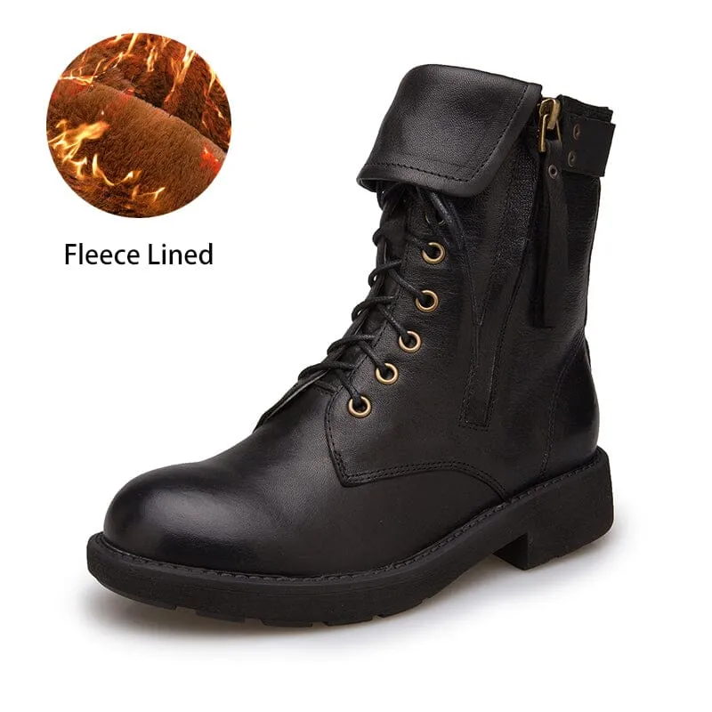 Sheepskin Combat Boots Designer Retro Chunky Riding Boots Punk Style Side Zip Coffee/Black