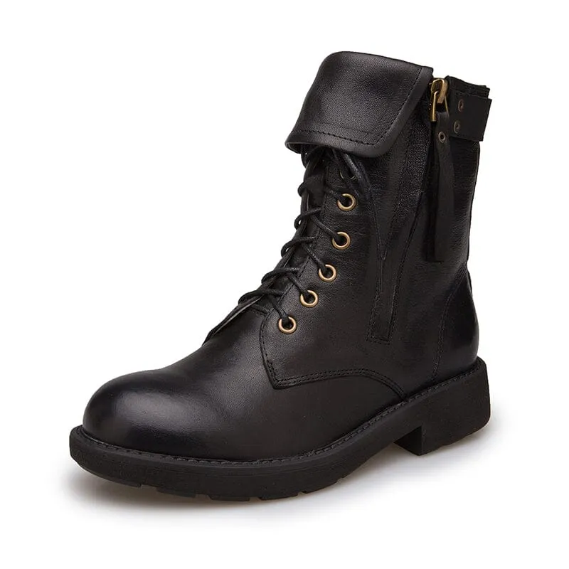 Sheepskin Combat Boots Designer Retro Chunky Riding Boots Punk Style Side Zip Coffee/Black