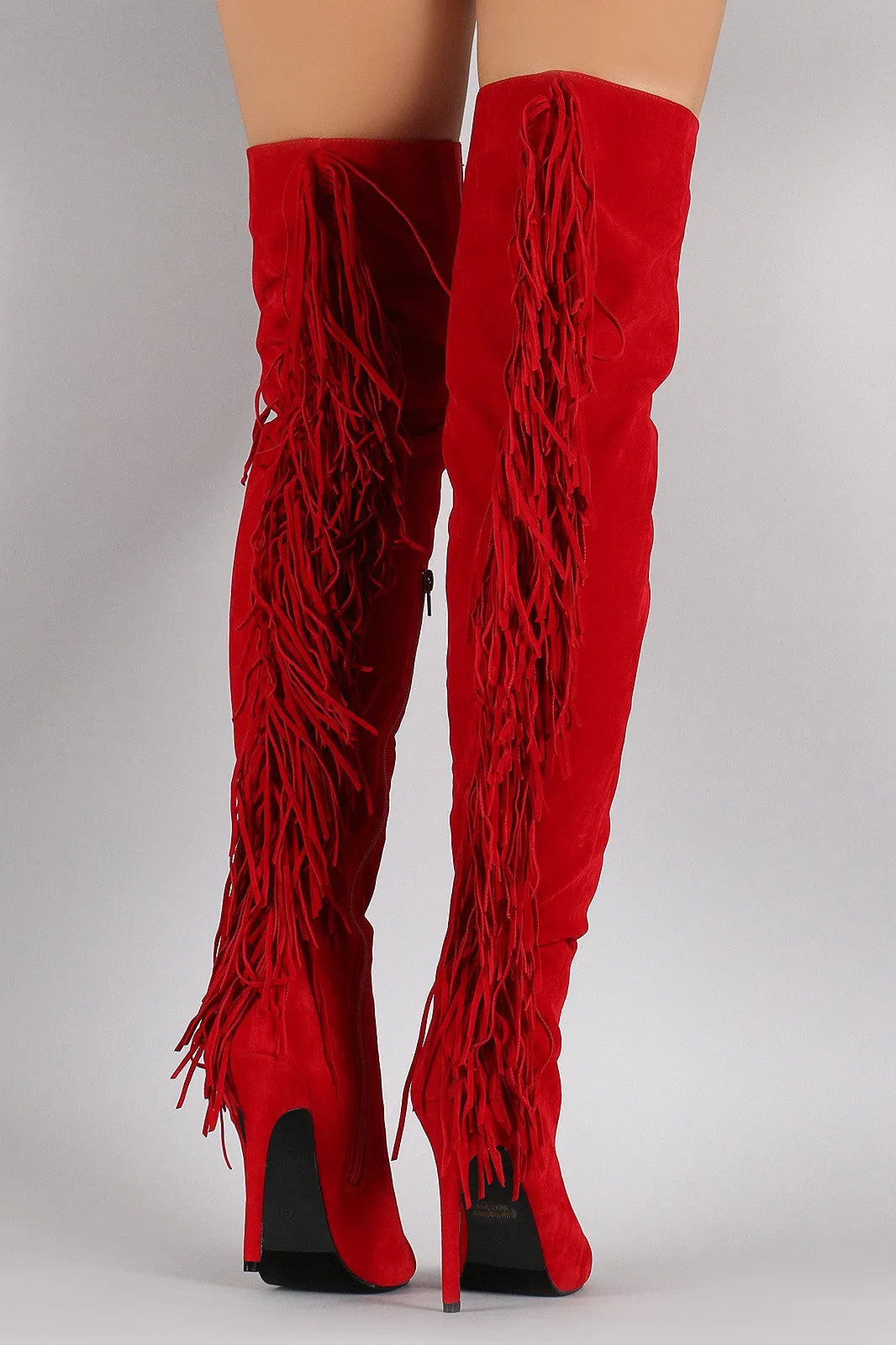 Suede Back Fringe Peep Toe Stiletto Over-The-Knee Boots