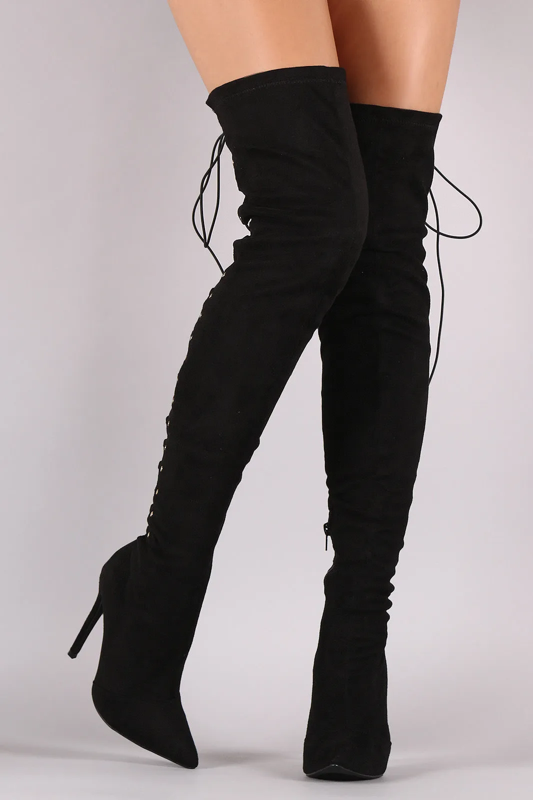 Suede Back Studded Lace Up Pointy Toe Boots