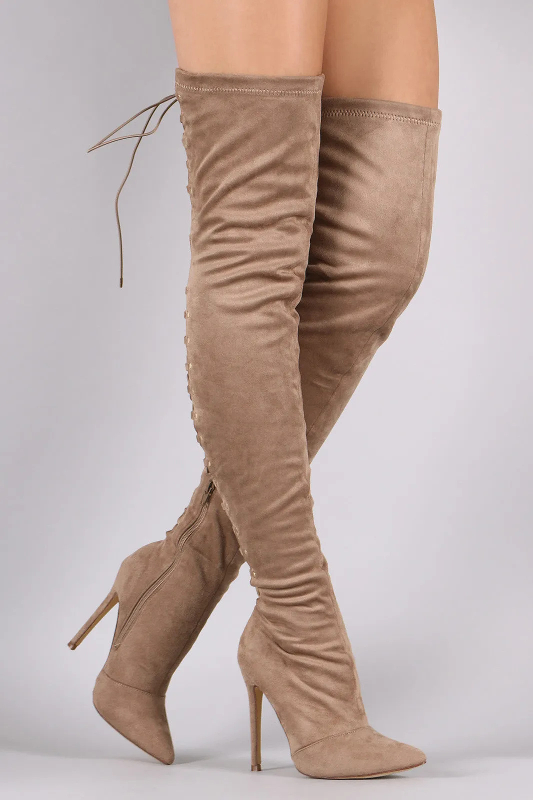 Suede Back Studded Lace Up Pointy Toe Boots