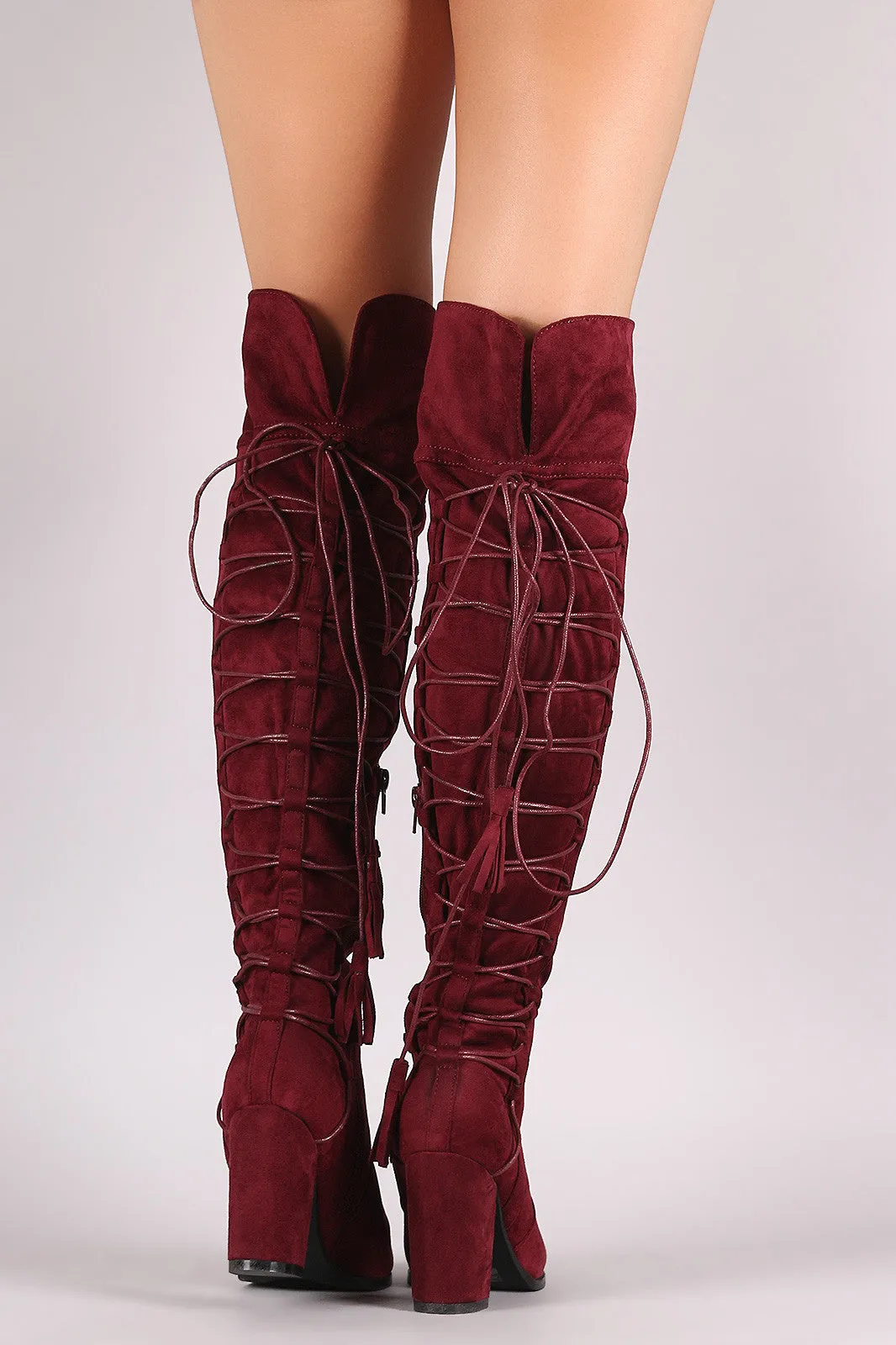 Suede Back Tassel Corset Lace Up Chunky Heeled Over-The-Knee Boots