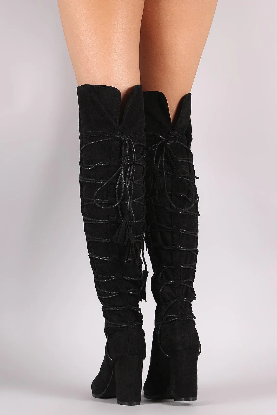 Suede Back Tassel Corset Lace Up Chunky Heeled Over-The-Knee Boots