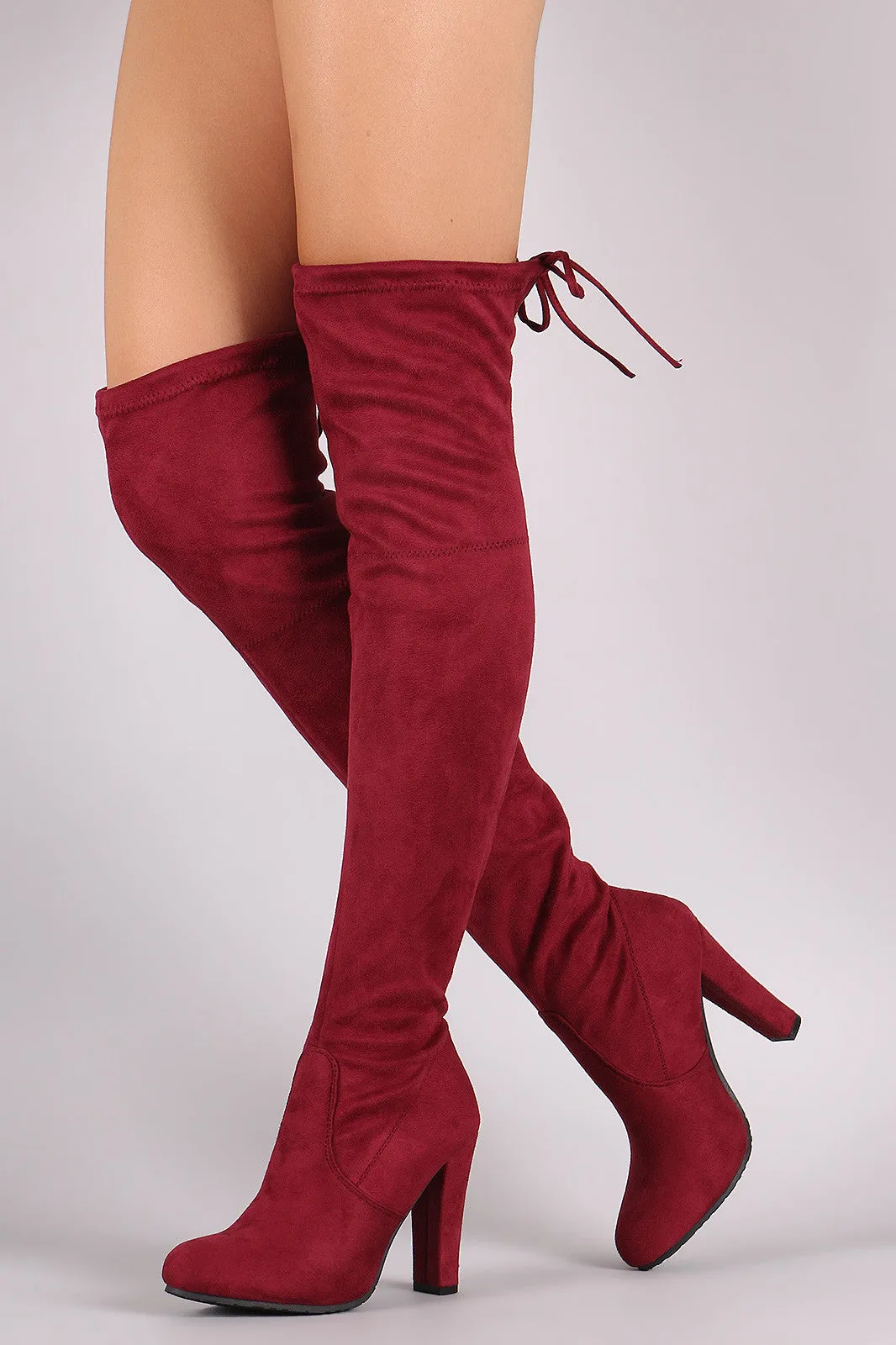 Suede Drawstring Tie Almond Toe Heeled Boots