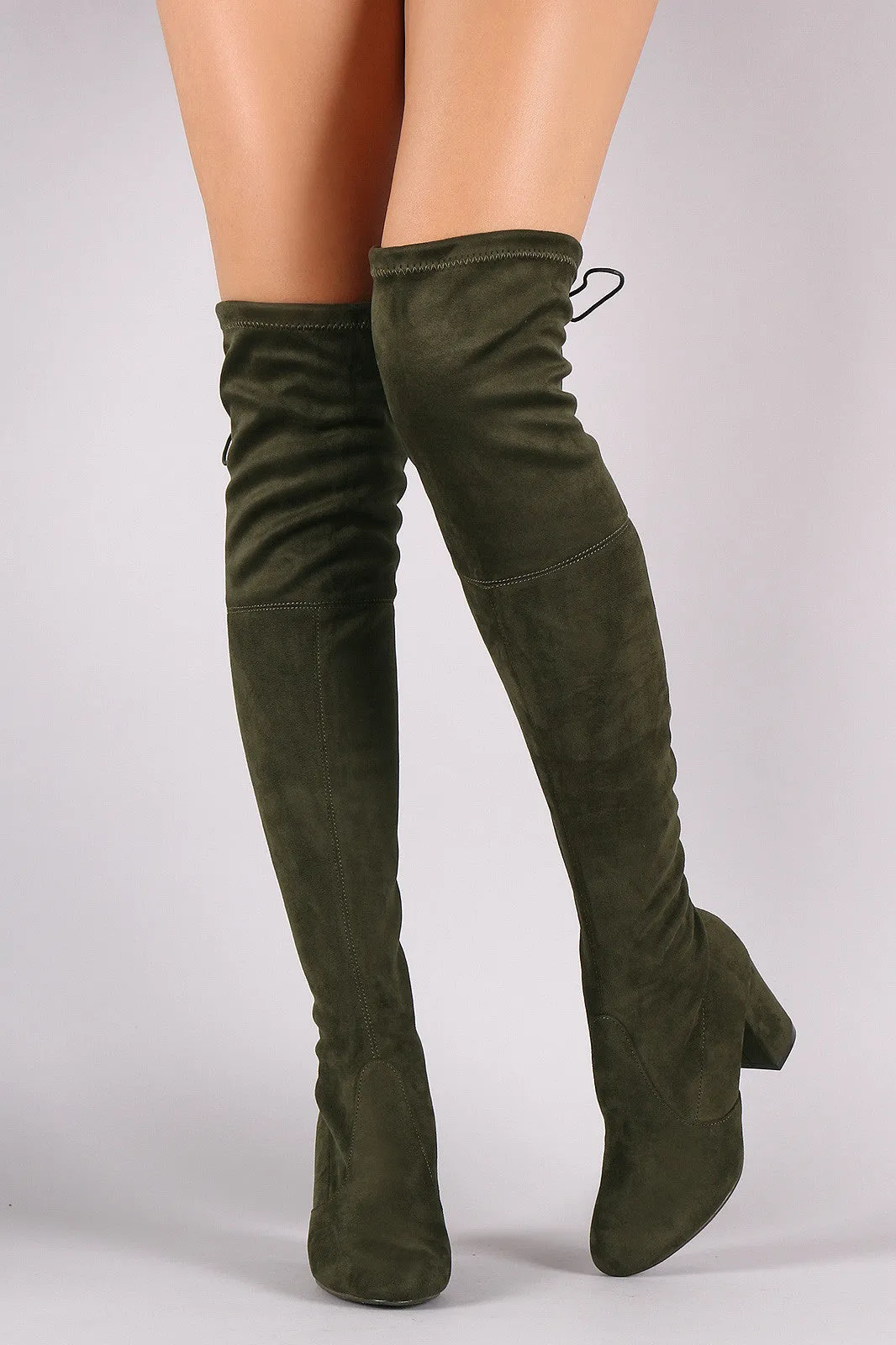 Suede Drawstring Tie Chunky Heeled Over-The-Knee Boots