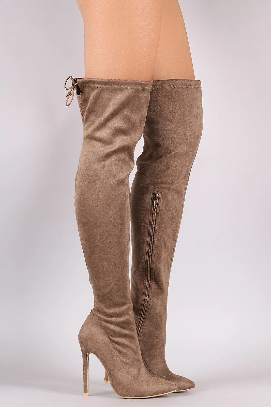 Suede Drawstring-Tie Pointy Toe Stiletto Boots