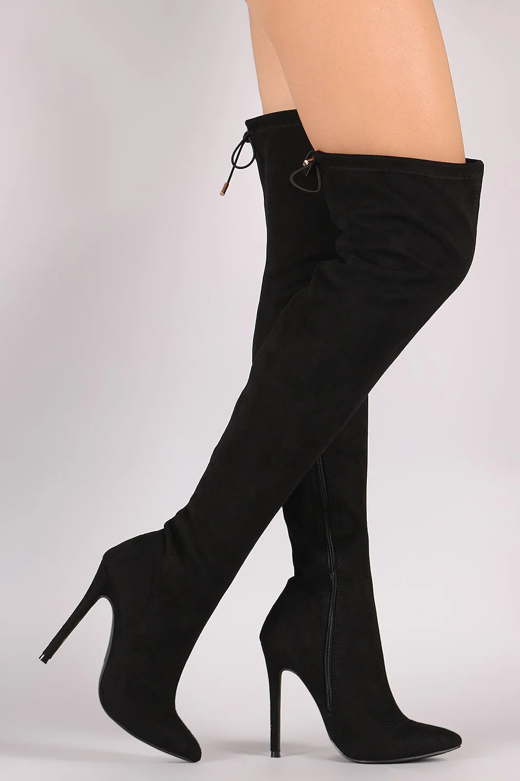 Suede Drawstring-Tie Pointy Toe Stiletto Boots