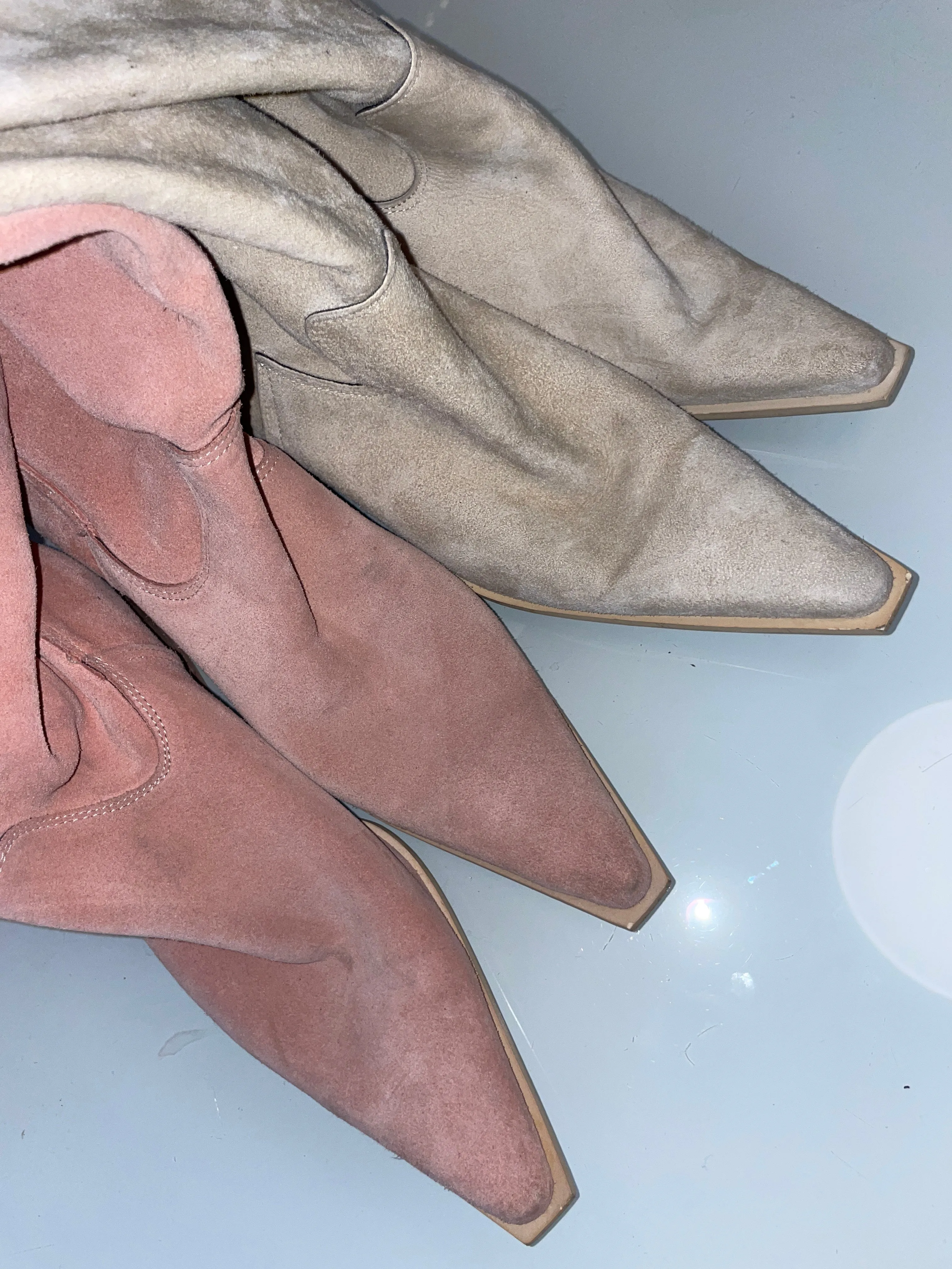 suede pointed knee high boots