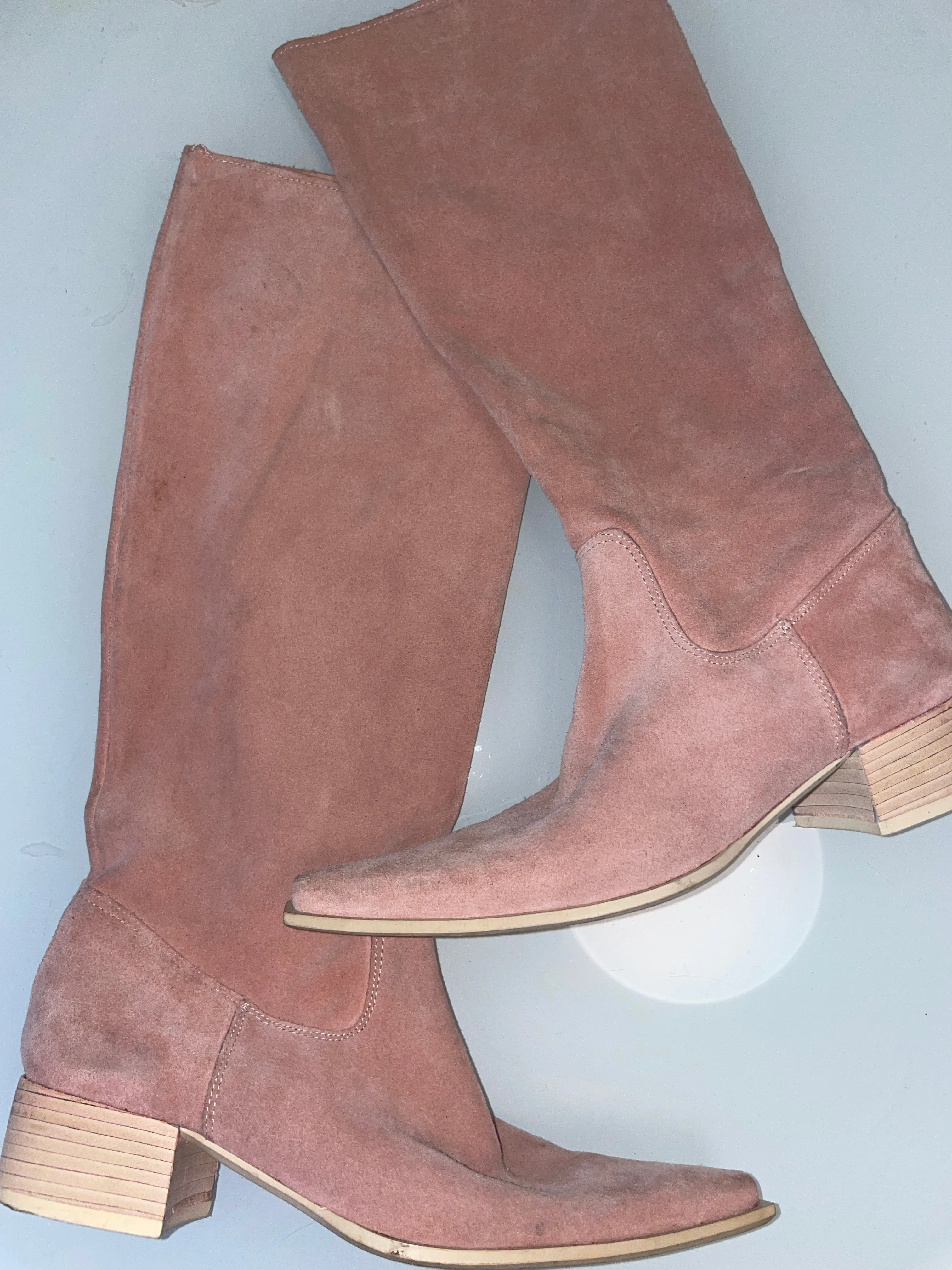 suede pointed knee high boots