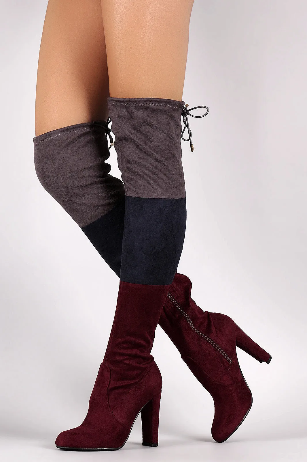 Suede Tri-color Over-The-Knee Chunky Heel Boots