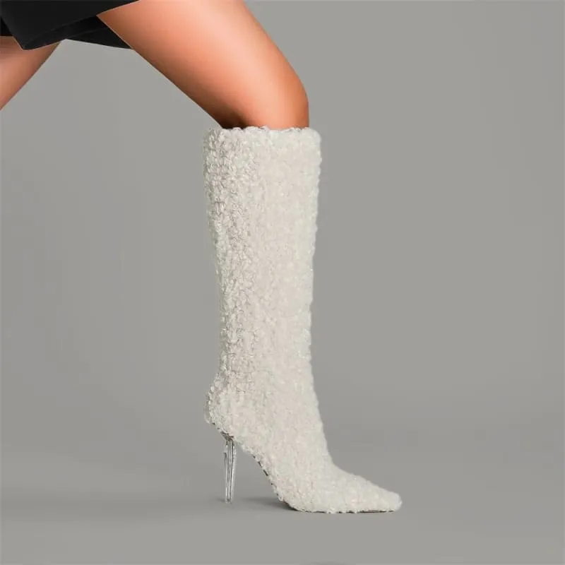 Tall White Furry Knee High Pointed Toe Boots with Crystal Transparent Heel