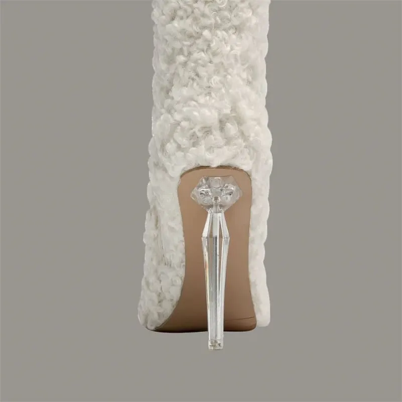 Tall White Furry Knee High Pointed Toe Boots with Crystal Transparent Heel