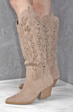 Taupe Faux Suede Western Style Knee High Cut Out Cowboy Boot