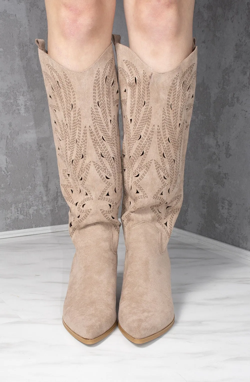 Taupe Faux Suede Western Style Knee High Cut Out Cowboy Boot