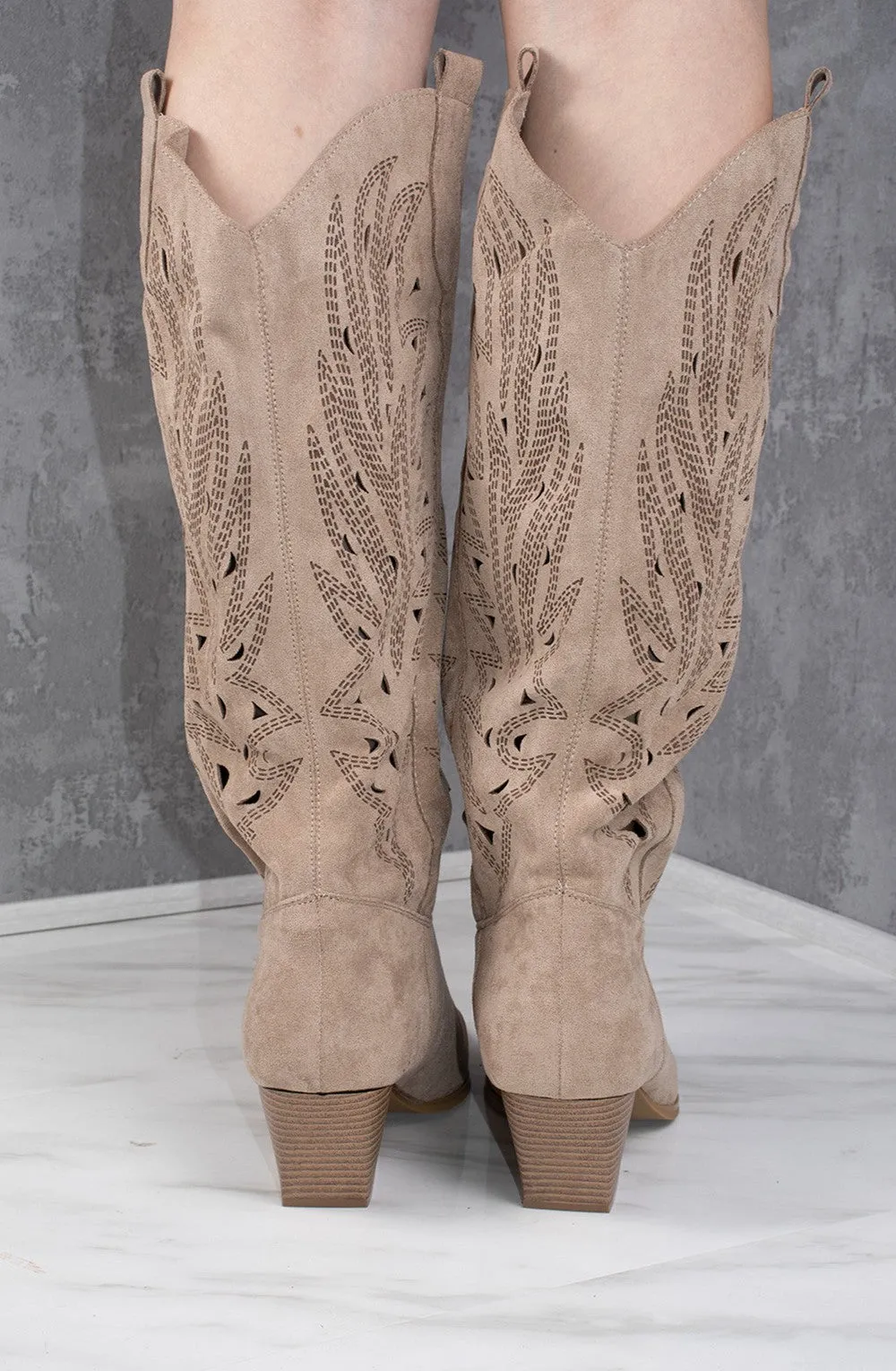 Taupe Faux Suede Western Style Knee High Cut Out Cowboy Boot