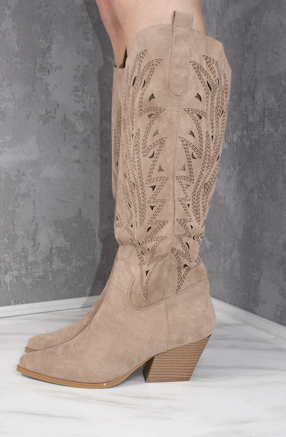 Taupe Faux Suede Western Style Knee High Cut Out Cowboy Boot