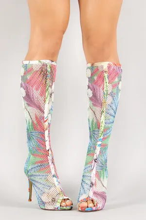 Tropical Floral Mesh Peep Toe Stiletto Boot