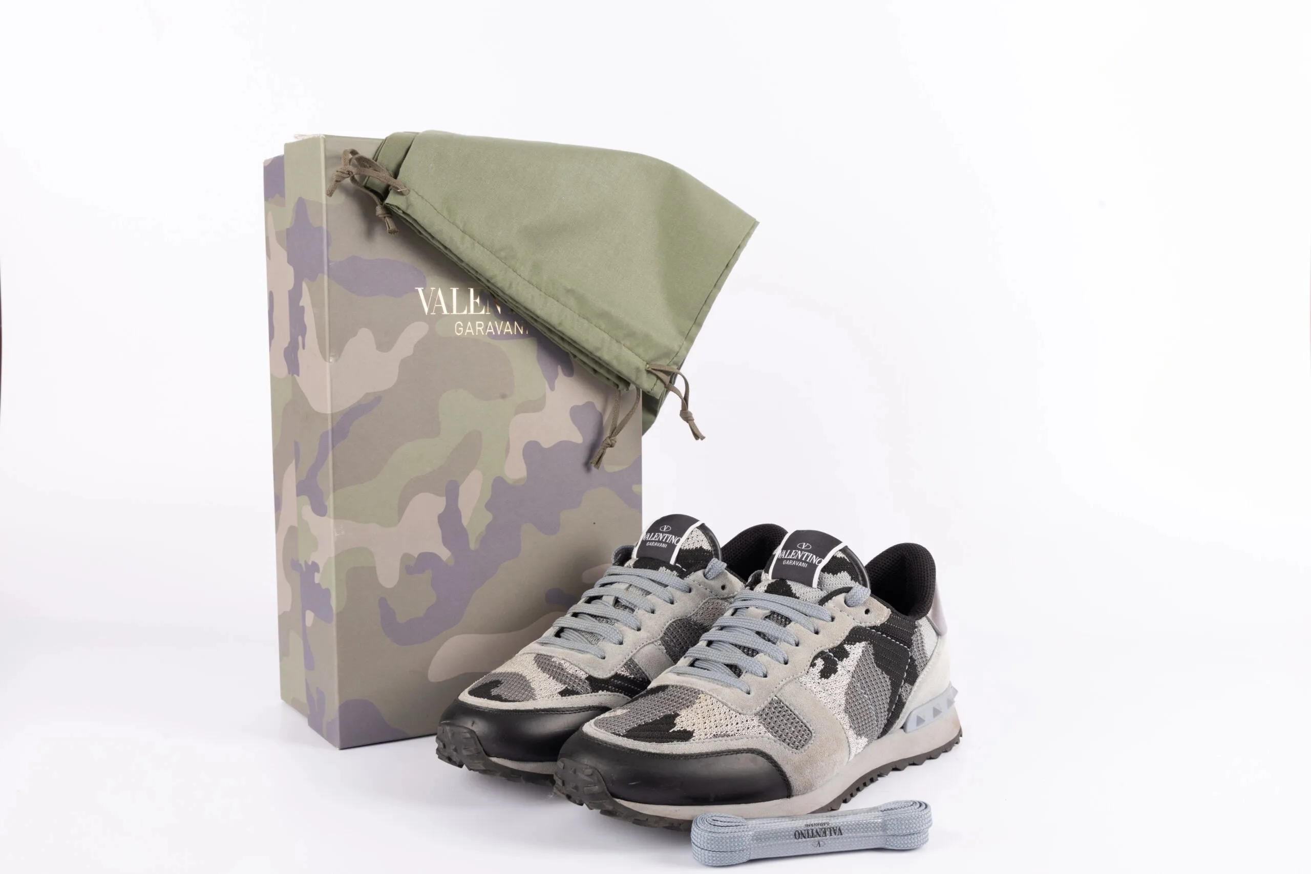 Valentino Garavani Grey Mesh Camouflage Rockrunner Sneakers