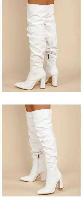 White Leather Chunky Heel Knee Ruffle Design Zip Up Boots