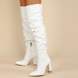 White Leather Chunky Heel Knee Ruffle Design Zip Up Boots