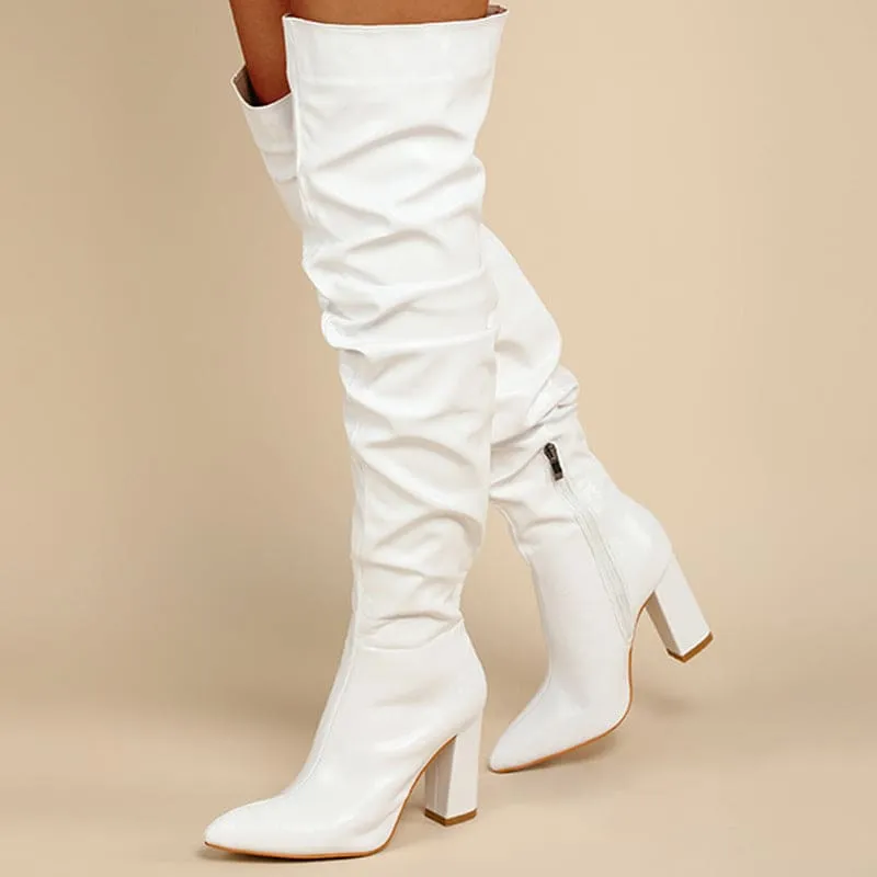 White Leather Chunky Heel Knee Ruffle Design Zip Up Boots