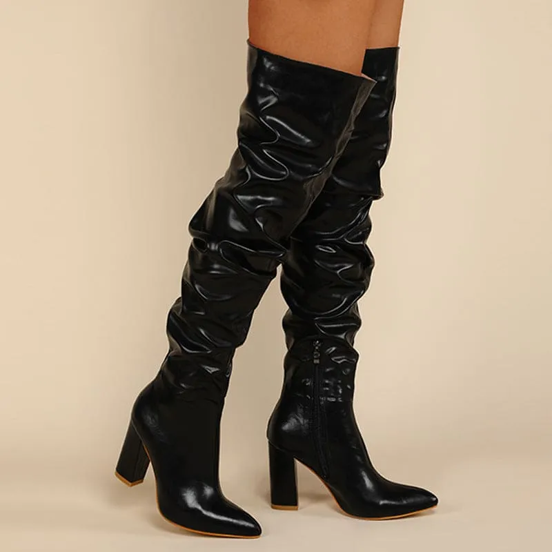 White Leather Chunky Heel Knee Ruffle Design Zip Up Boots