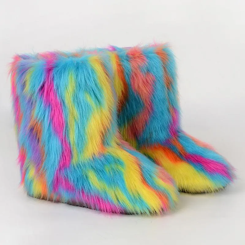 Winter Multicolor Fluffy Anti-skid Flat Heel Lining Fur Keep Warm Women Snow Boots