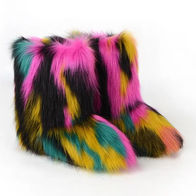 Winter Multicolor Fluffy Anti-skid Flat Heel Lining Fur Keep Warm Women Snow Boots