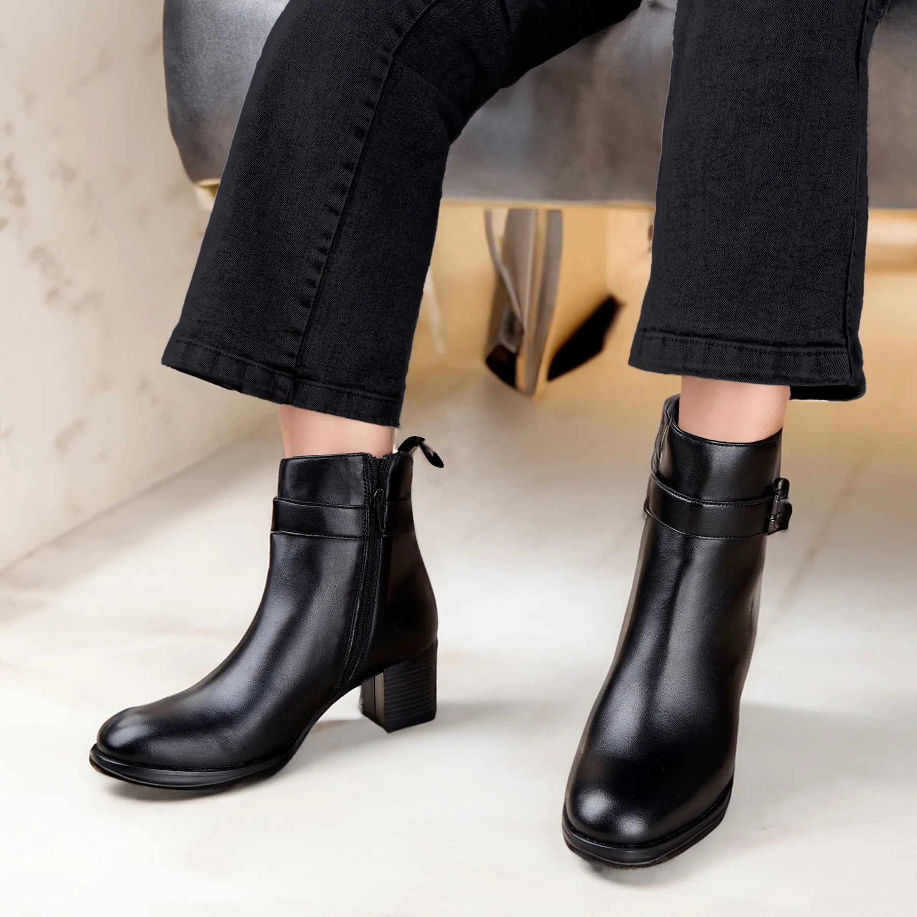 Women Buckle Ankle Zipper Boots with Heels