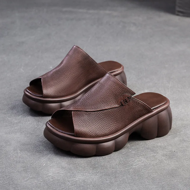 Women Minimalist Casual Leather Platform Slides Sandals