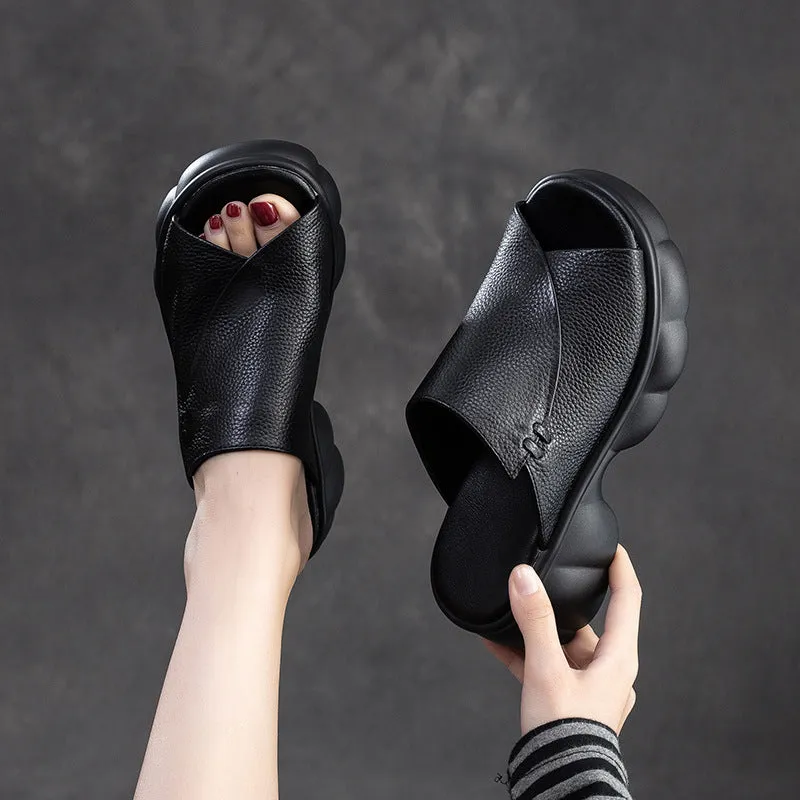 Women Minimalist Casual Leather Platform Slides Sandals