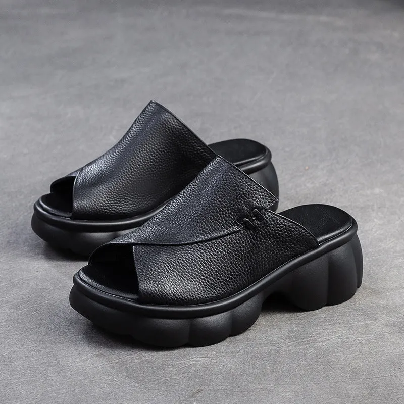 Women Minimalist Casual Leather Platform Slides Sandals