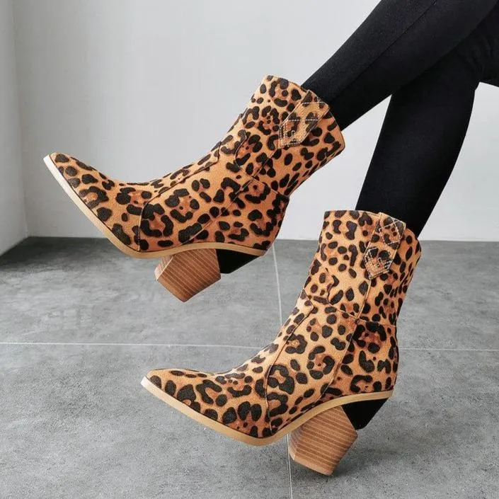 Women stacked block heel pointed toe mid calf oots