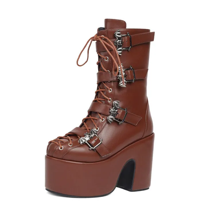 Women's Buckle Straps Lace-Up Chunky Heel Platform Mid Calf Boots