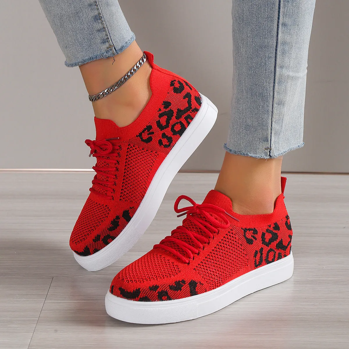 Women's Lace-Up Leopard Flat Sneakers